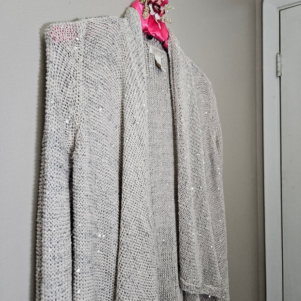 Y2K Lagenlook Kenar Beige Sequin Cardigan Open Drape Front S Neutral Cozy Glam